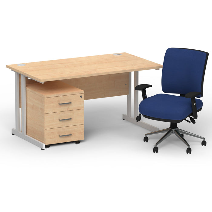 Impulse 1400mm Cantilever Straight Desk With Mobile Pedestal and Chiro Medium Back Blue Operator Chair Impulse Bundles Dynamic Office Solutions Maple Silver 3