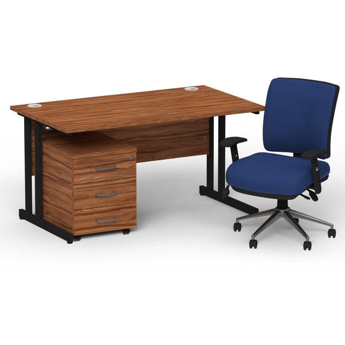 Impulse 1400mm Cantilever Straight Desk With Mobile Pedestal and Chiro Medium Back Blue Operator Chair Impulse Bundles Dynamic Office Solutions Walnut Black 3