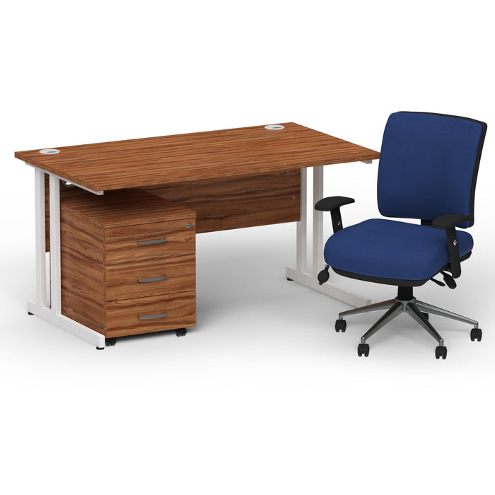 Impulse 1400mm Cantilever Straight Desk With Mobile Pedestal and Chiro Medium Back Blue Operator Chair Impulse Bundles Dynamic Office Solutions Walnut White 3
