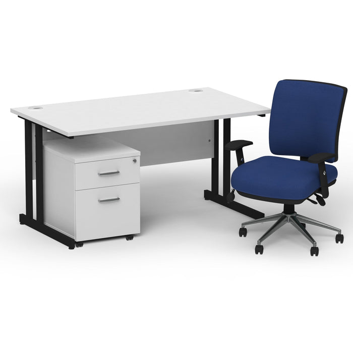 Impulse 1400mm Cantilever Straight Desk With Mobile Pedestal and Chiro Medium Back Blue Operator Chair Impulse Bundles Dynamic Office Solutions White Black 2