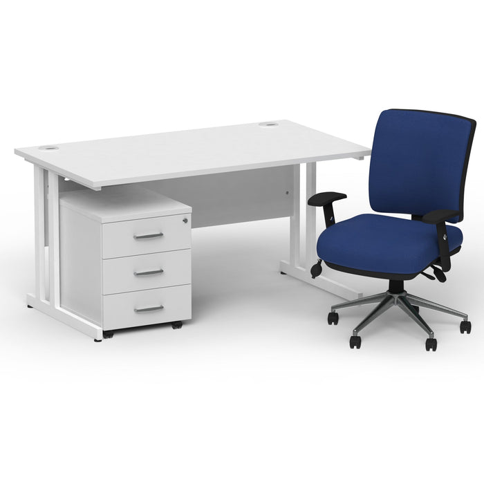 Impulse 1400mm Cantilever Straight Desk With Mobile Pedestal and Chiro Medium Back Blue Operator Chair Impulse Bundles Dynamic Office Solutions White White 3