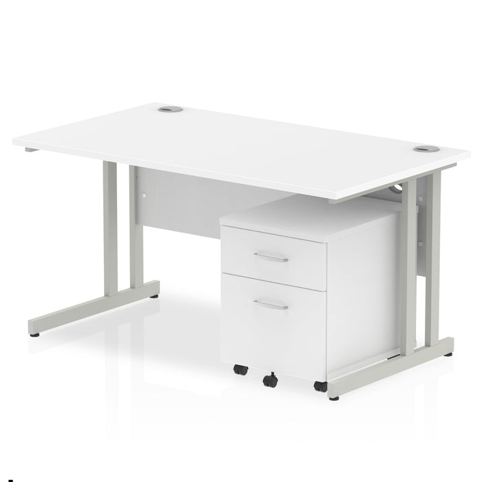 Impulse 1400mm Cantilever Straight Desk With Mobile Pedestal Workstations Dynamic Office Solutions White 2 Drawer Silver