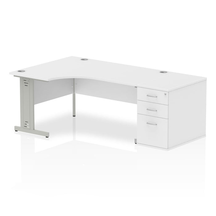 Impulse 1600mm Cable Managed Left Crescent Desk Workstation Workstations Dynamic Office Solutions White 800 Pedestal Silver