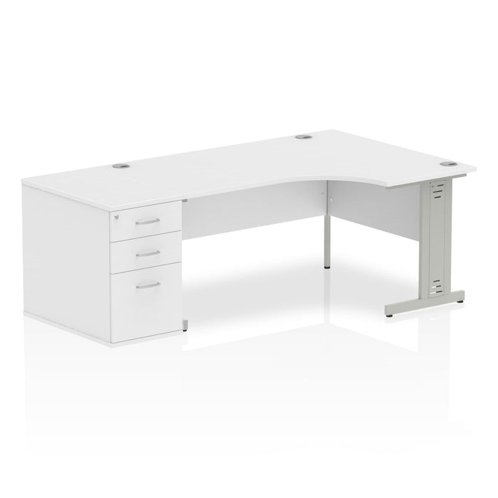 Impulse 1600mm Cable Managed Right Crescent Desk Workstation Workstations Dynamic Office Solutions White 800 Pedestal Silver