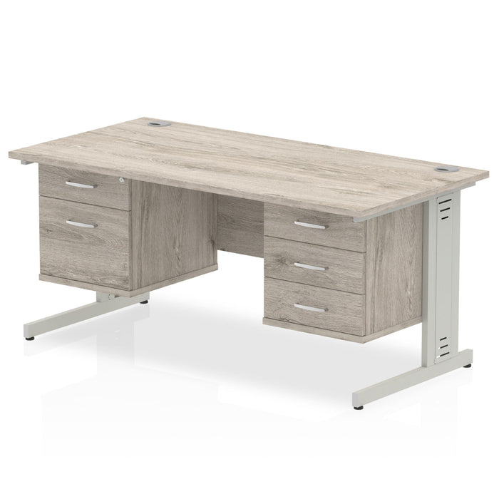 Impulse 1600mm Cable Managed Straight Desk With Fixed Pedestal Workstations Dynamic Office Solutions Grey Oak 2 Drawer & 3 Drawer Silver