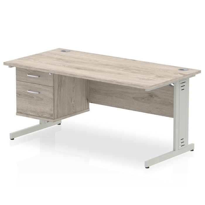 Impulse 1600mm Cable Managed Straight Desk With Fixed Pedestal Workstations Dynamic Office Solutions Grey Oak 2 Drawer Silver