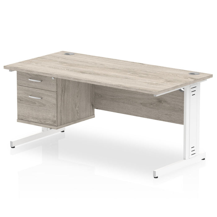 Impulse 1600mm Cable Managed Straight Desk With Fixed Pedestal Workstations Dynamic Office Solutions Grey Oak 2 Drawer White