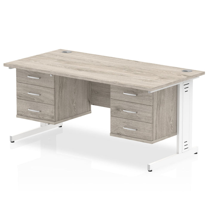 Impulse 1600mm Cable Managed Straight Desk With Fixed Pedestal Workstations Dynamic Office Solutions Grey Oak 3 Drawer x2 White