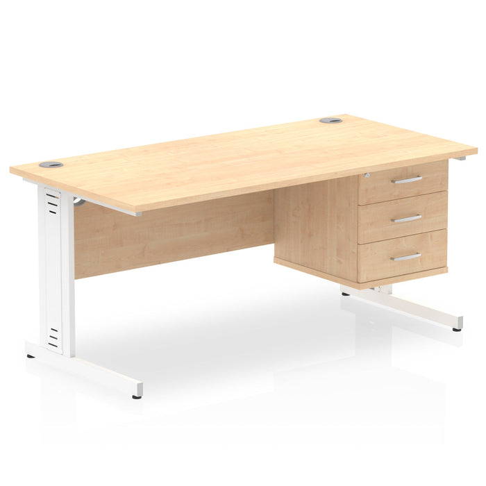 Impulse 1600mm Cable Managed Straight Desk With Fixed Pedestal Workstations Dynamic Office Solutions MAPLE 3 Drawer White