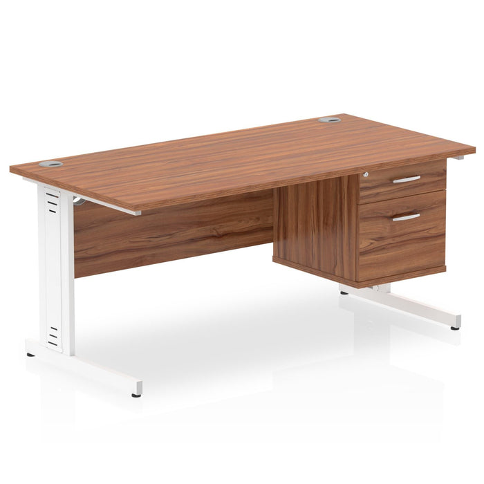Impulse 1600mm Cable Managed Straight Desk With Fixed Pedestal Workstations Dynamic Office Solutions WALNUT 2 Drawer White