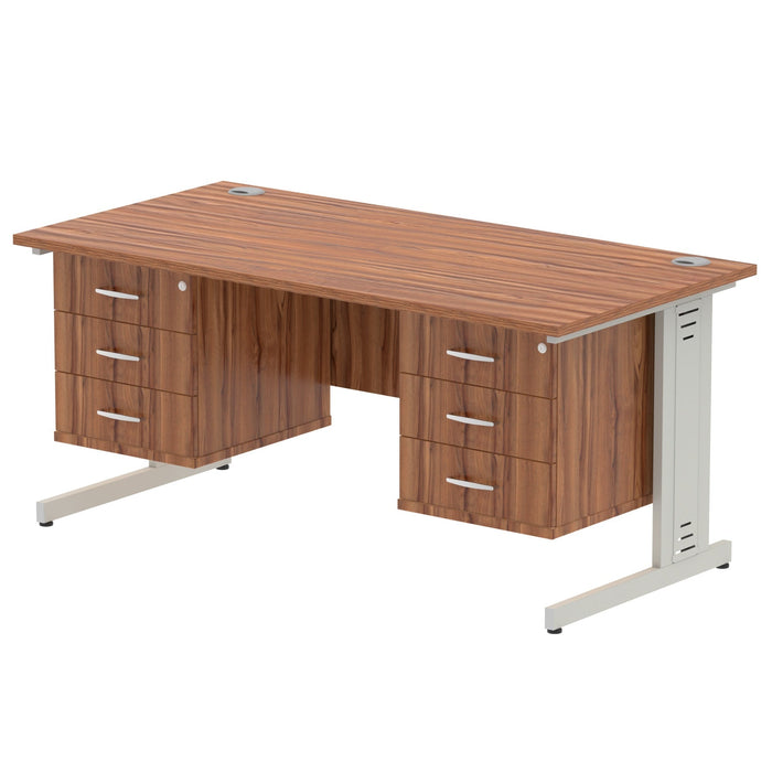Impulse 1600mm Cable Managed Straight Desk With Fixed Pedestal Workstations Dynamic Office Solutions WALNUT 3 Drawer x2 Silver