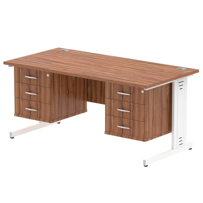 Impulse 1600mm Cable Managed Straight Desk With Fixed Pedestal Workstations Dynamic Office Solutions WALNUT 3 Drawer x2 White