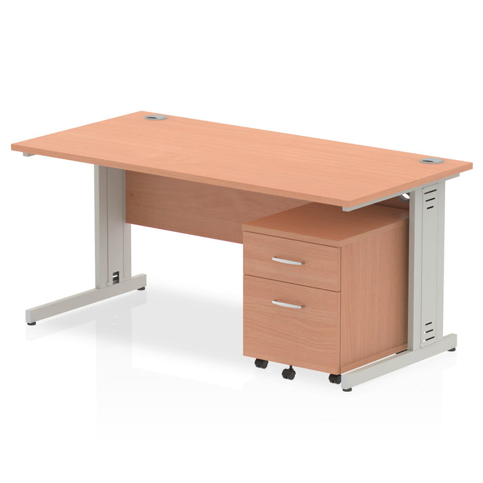 Impulse 1600mm Cable Managed Straight Desk With Mobile Pedestal Workstations Dynamic Office Solutions Beech 2 Drawer Silver