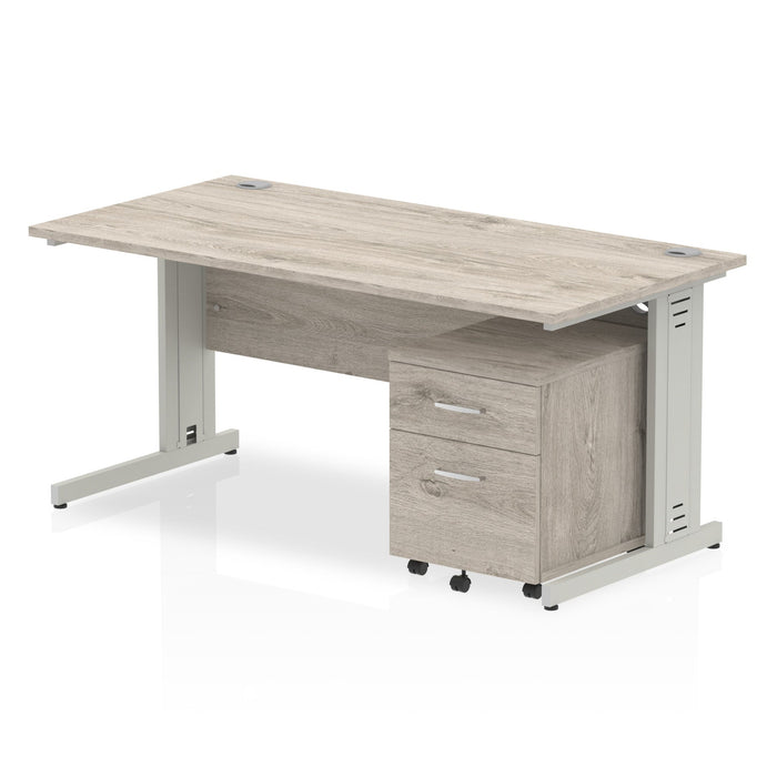Impulse 1600mm Cable Managed Straight Desk With Mobile Pedestal Workstations Dynamic Office Solutions Grey Oak 2 Drawer Silver