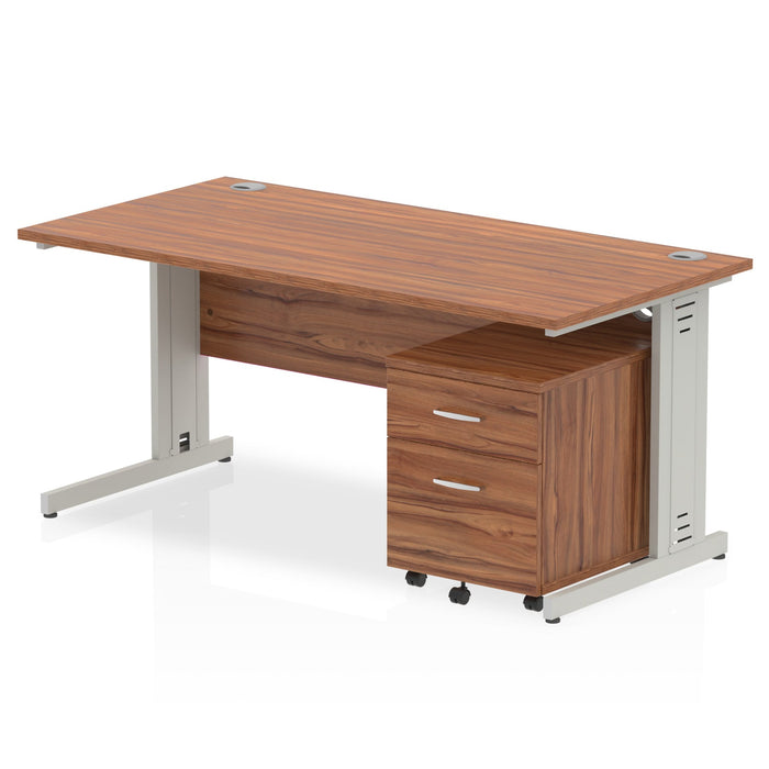 Impulse 1600mm Cable Managed Straight Desk With Mobile Pedestal Workstations Dynamic Office Solutions Walnut 2 Drawer Silver
