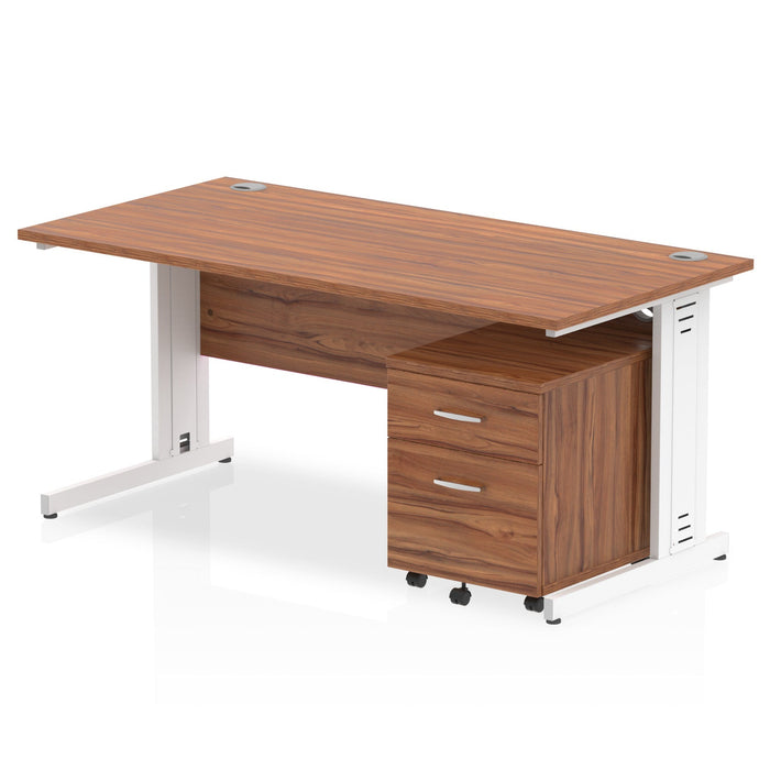 Impulse 1600mm Cable Managed Straight Desk With Mobile Pedestal Workstations Dynamic Office Solutions Walnut 2 Drawer White