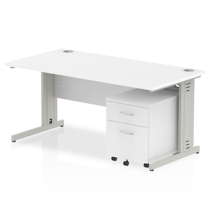 Impulse 1600mm Cable Managed Straight Desk With Mobile Pedestal Workstations Dynamic Office Solutions White 2 Drawer Silver