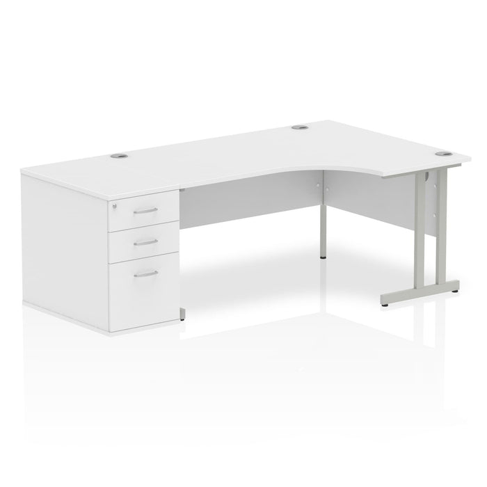 Impulse 1600mm Cantilever Right Crescent Desk Workstation Workstations Dynamic Office Solutions White 800 Pedestal Silver