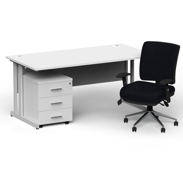 Impulse 1600mm Cantilever Straight Desk With Mobile Pedestal and Chiro Medium Back Black Operator Chair Impulse Bundles Dynamic Office Solutions White Silver 3