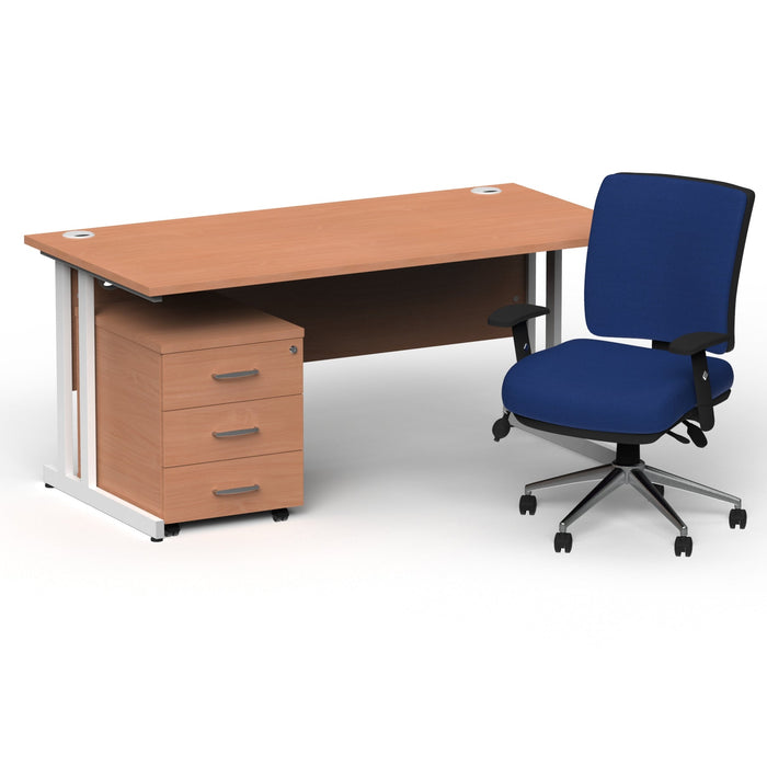 Impulse 1600mm Cantilever Straight Desk With Mobile Pedestal and Chiro Medium Back Blue Operator Chair Impulse Bundles Dynamic Office Solutions Beech White 3