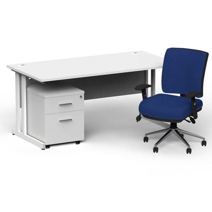 Impulse 1600mm Cantilever Straight Desk With Mobile Pedestal and Chiro Medium Back Blue Operator Chair Impulse Bundles Dynamic Office Solutions White White 2