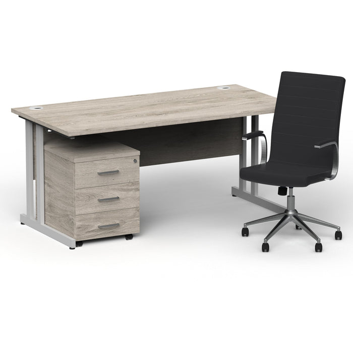 Impulse 1600mm Cantilever Straight Desk With Mobile Pedestal and Ezra Black Executive Chair Impulse Bundles Dynamic Office Solutions Grey Oak Silver 3