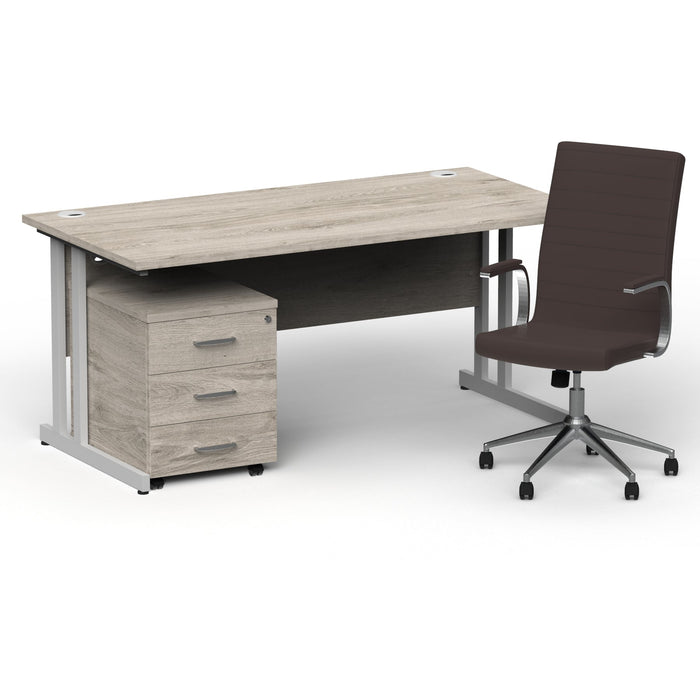 Impulse 1600mm Cantilever Straight Desk With Mobile Pedestal and Ezra Brown Executive Chair Impulse Bundles Dynamic Office Solutions Grey Oak Silver 3