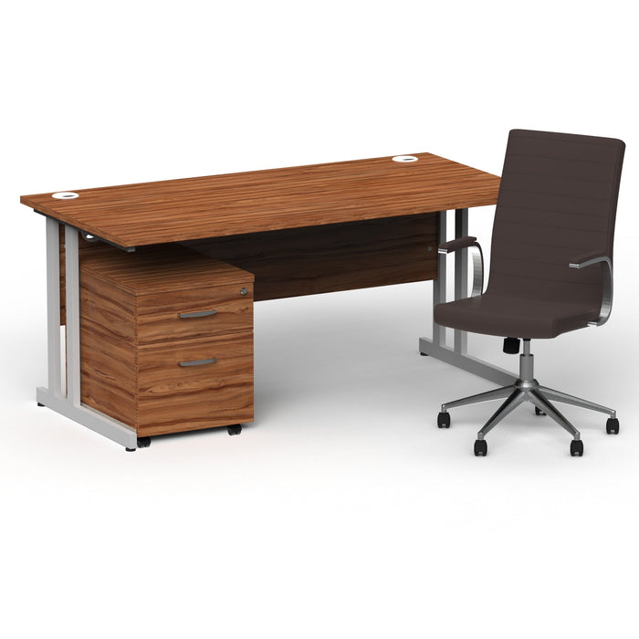 Impulse 1600mm Cantilever Straight Desk With Mobile Pedestal and Ezra Brown Executive Chair Impulse Bundles Dynamic Office Solutions Walnut Silver 2