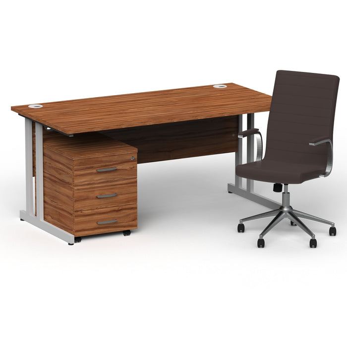 Impulse 1600mm Cantilever Straight Desk With Mobile Pedestal and Ezra Brown Executive Chair Impulse Bundles Dynamic Office Solutions Walnut Silver 3