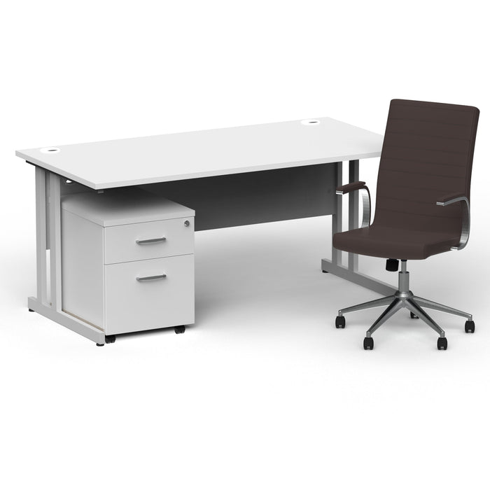 Impulse 1600mm Cantilever Straight Desk With Mobile Pedestal and Ezra Brown Executive Chair Impulse Bundles Dynamic Office Solutions White Silver 2