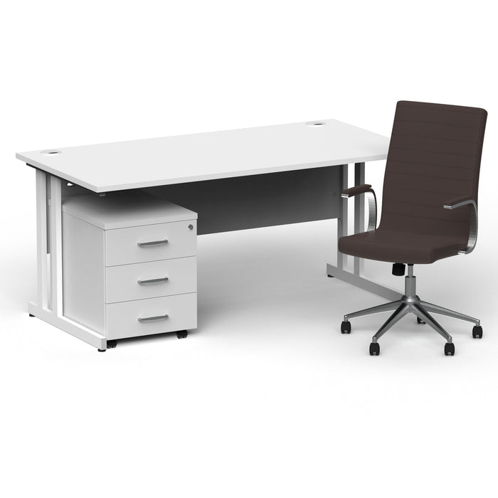 Impulse 1600mm Cantilever Straight Desk With Mobile Pedestal and Ezra Brown Executive Chair Impulse Bundles Dynamic Office Solutions White White 3