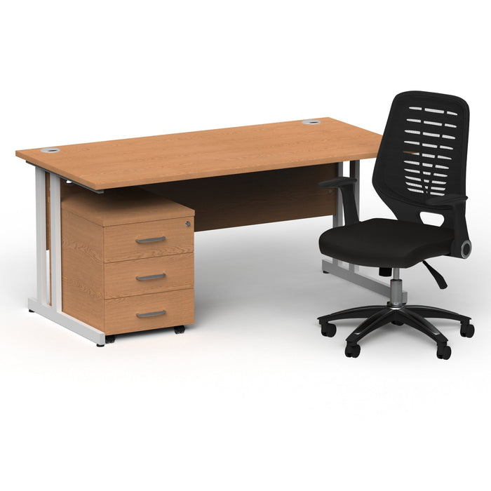 Impulse 1600mm Cantilever Straight Desk With Mobile Pedestal and Relay Black Back Operator Chair Impulse Bundles Dynamic Office Solutions Oak White 3
