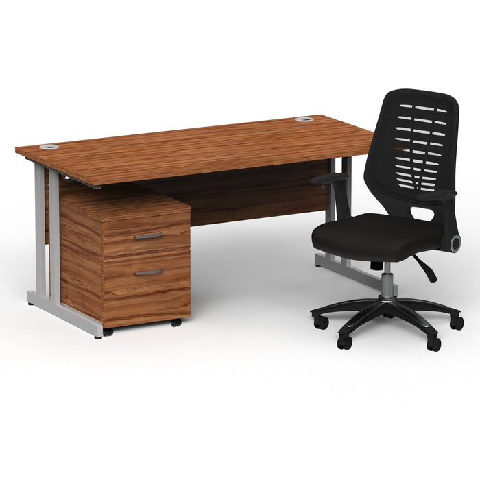 Impulse 1600mm Cantilever Straight Desk With Mobile Pedestal and Relay Black Back Operator Chair Impulse Bundles Dynamic Office Solutions Walnut Silver 2