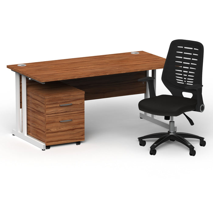 Impulse 1600mm Cantilever Straight Desk With Mobile Pedestal and Relay Black Back Operator Chair Impulse Bundles Dynamic Office Solutions Walnut White 2