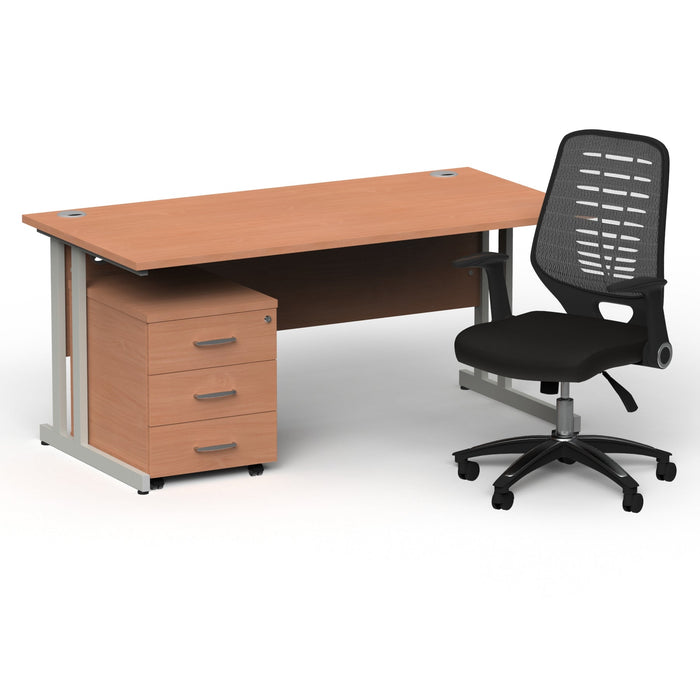Impulse 1600mm Cantilever Straight Desk With Mobile Pedestal and Relay Silver Back Operator Chair Impulse Bundles Dynamic Office Solutions Beech Silver 3