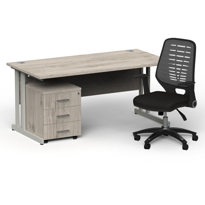 Impulse 1600mm Cantilever Straight Desk With Mobile Pedestal and Relay Silver Back Operator Chair Impulse Bundles Dynamic Office Solutions Grey Oak Silver 3