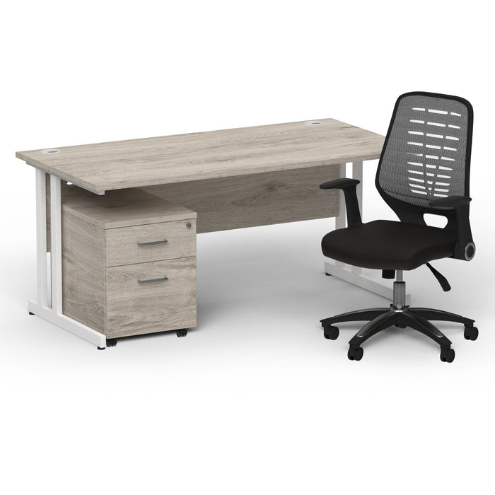 Impulse 1600mm Cantilever Straight Desk With Mobile Pedestal and Relay Silver Back Operator Chair Impulse Bundles Dynamic Office Solutions Grey Oak White 2