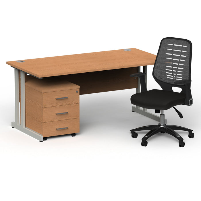 Impulse 1600mm Cantilever Straight Desk With Mobile Pedestal and Relay Silver Back Operator Chair Impulse Bundles Dynamic Office Solutions Oak Silver 3