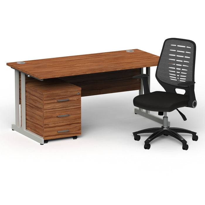 Impulse 1600mm Cantilever Straight Desk With Mobile Pedestal and Relay Silver Back Operator Chair Impulse Bundles Dynamic Office Solutions Walnut Silver 3