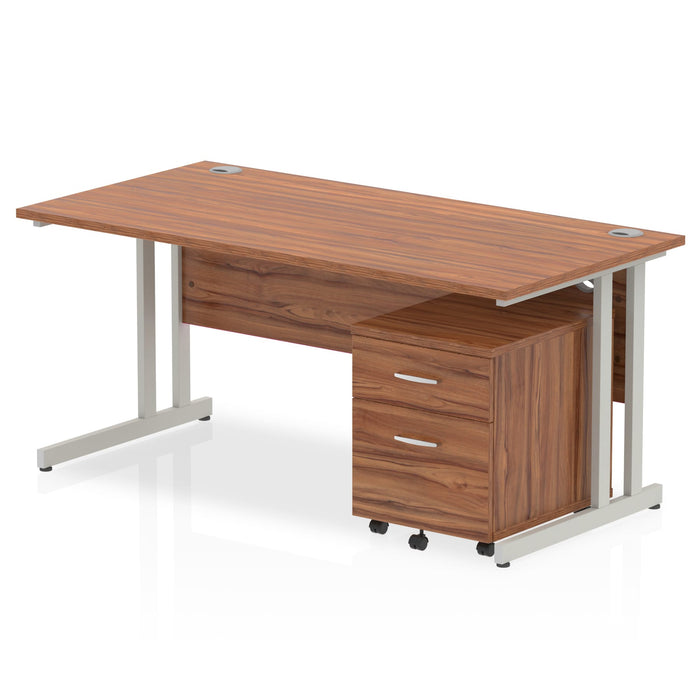 Impulse 1600mm Cantilever Straight Desk With Mobile Pedestal Workstations Dynamic Office Solutions Walnut 2 Drawer Silver