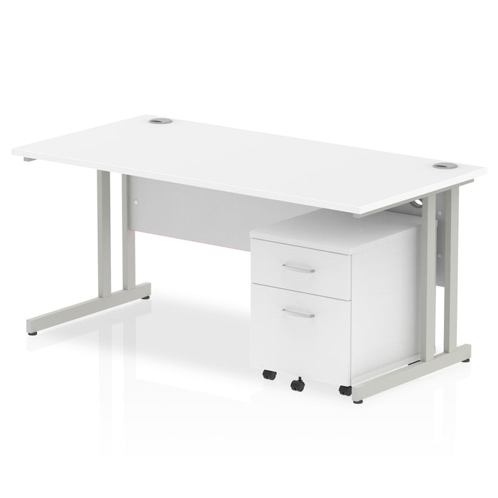 Impulse 1600mm Cantilever Straight Desk With Mobile Pedestal Workstations Dynamic Office Solutions White 2 Drawer Silver