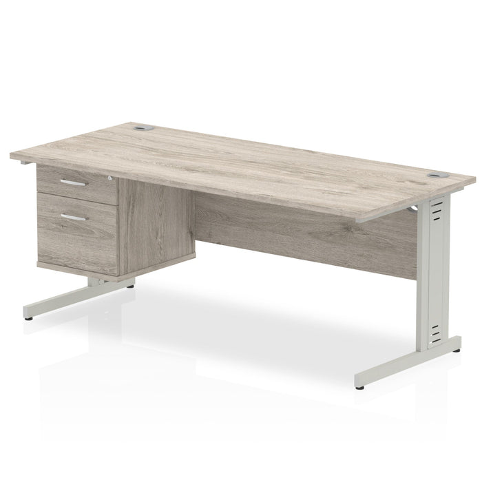 Impulse 1800mm Cable Managed Straight Desk With Fixed Pedestal Workstations Dynamic Office Solutions Grey Oak 2 Drawer Silver
