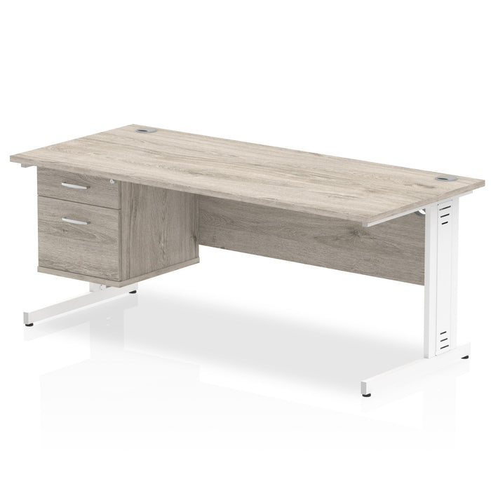 Impulse 1800mm Cable Managed Straight Desk With Fixed Pedestal Workstations Dynamic Office Solutions Grey Oak 2 Drawer White