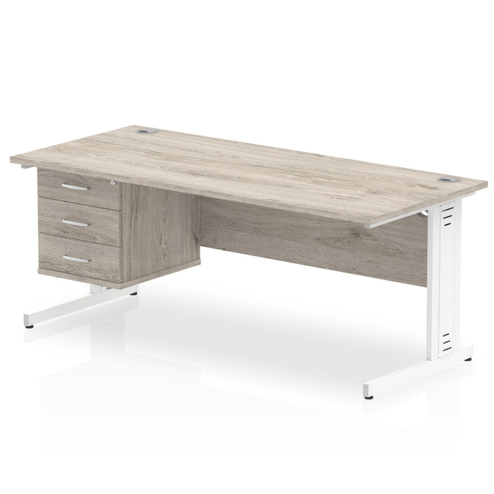 Impulse 1800mm Cable Managed Straight Desk With Fixed Pedestal Workstations Dynamic Office Solutions Grey Oak 3 Drawer White