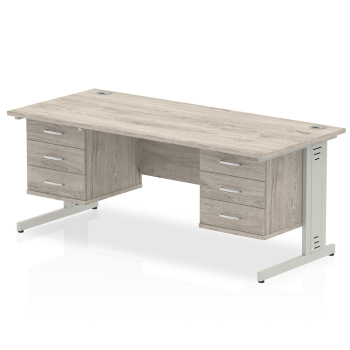 Impulse 1800mm Cable Managed Straight Desk With Fixed Pedestal Workstations Dynamic Office Solutions Grey Oak 3 Drawer x2 Silver