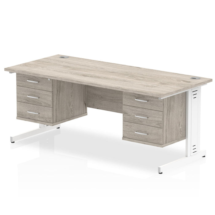 Impulse 1800mm Cable Managed Straight Desk With Fixed Pedestal Workstations Dynamic Office Solutions Grey Oak 3 Drawer x2 White