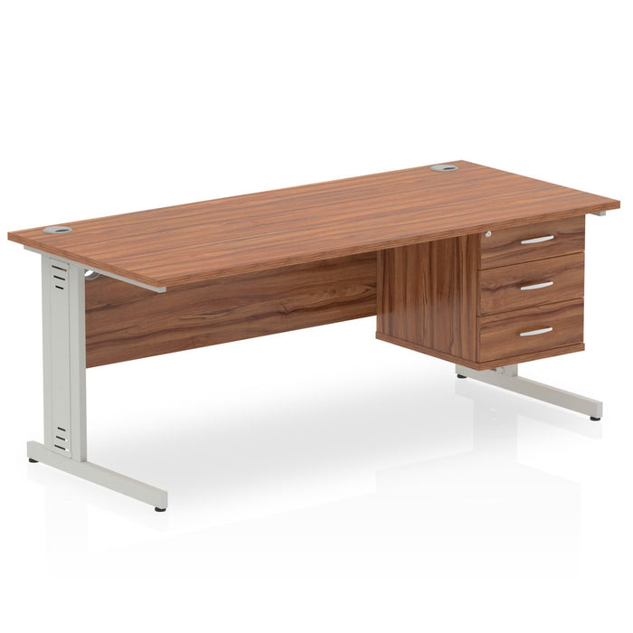 Impulse 1800mm Cable Managed Straight Desk With Fixed Pedestal Workstations Dynamic Office Solutions WALNUT 3 Drawer Silver