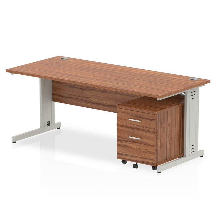 Impulse 1800mm Cable Managed Straight Desk With Mobile Pedestal Workstations Dynamic Office Solutions Walnut 2 Drawer Silver