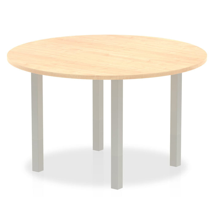 Impulse Round Table With Post Leg Shaped Tables Dynamic Office Solutions Maple 1200 Silver