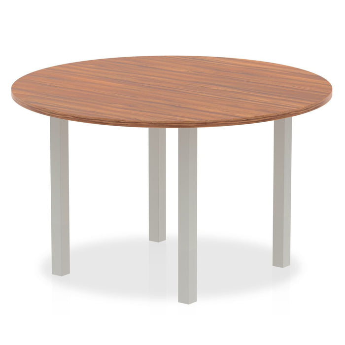 Impulse Round Table With Post Leg Shaped Tables Dynamic Office Solutions Walnut 1200 Silver